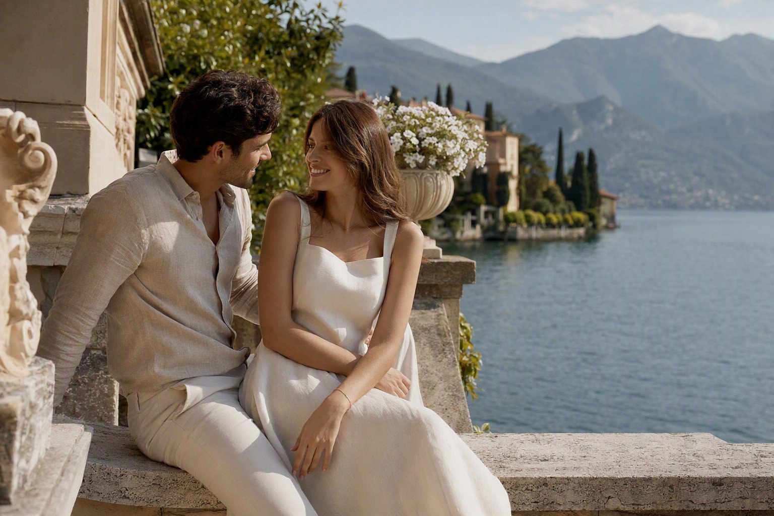 Olivia and Matteo seated at a lakeside table in Lake Como, surrounded by fresh oranges, white flowers and crystal glassware.