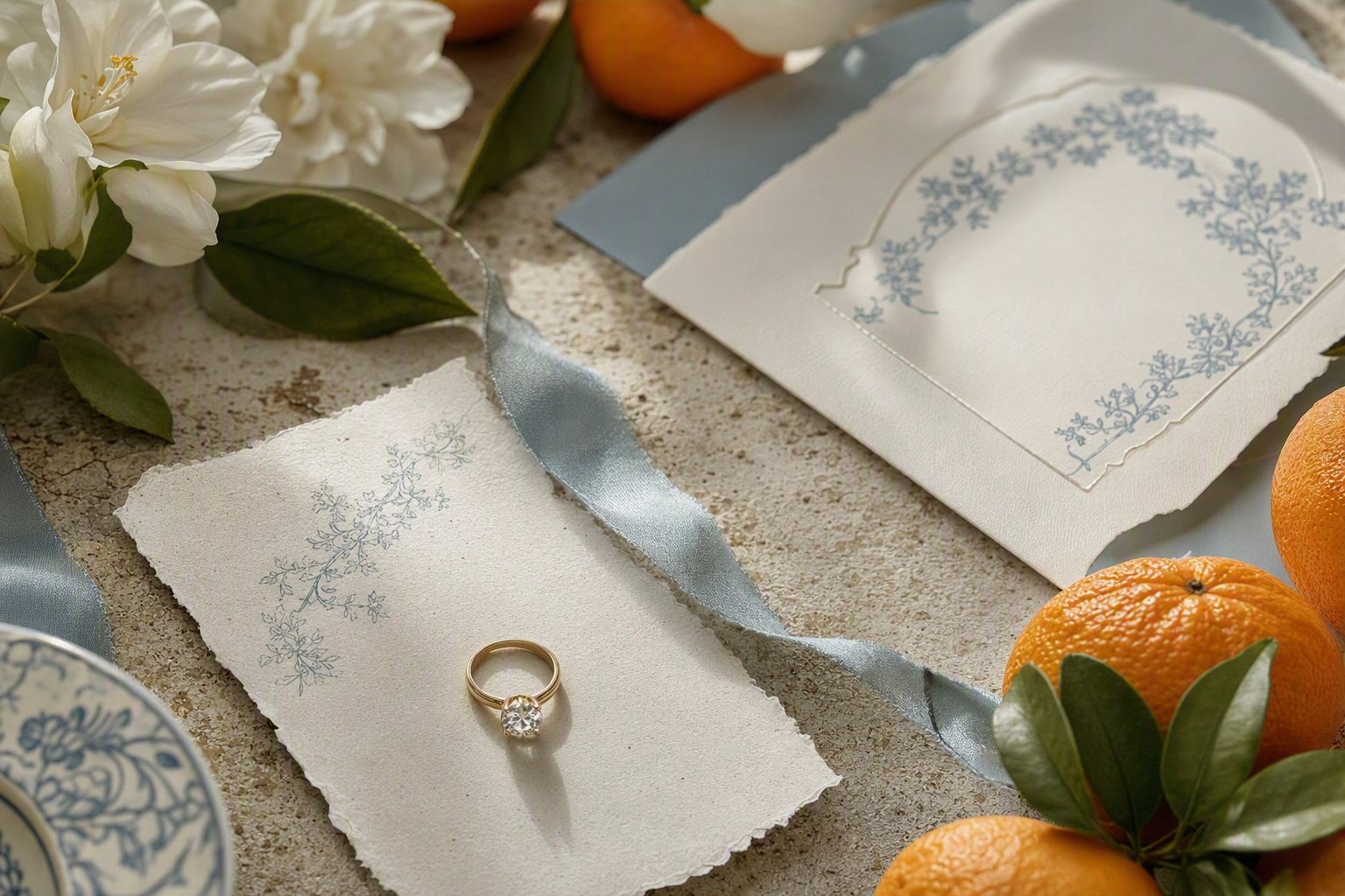 Elegant ivory wedding stationery still life with an engagement ring, white flowers, dusty-blue ribbon and fresh oranges.