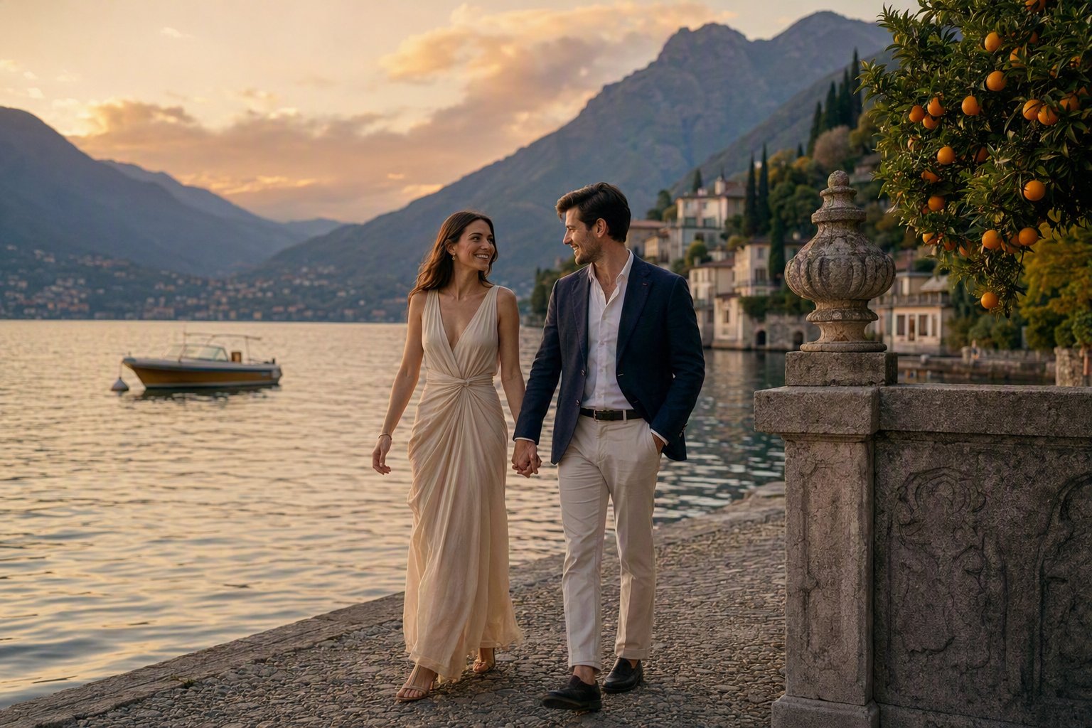 Olivia and Matteo holding hands along the shore of Lake Como at golden hour, mountains and a boat in the background.