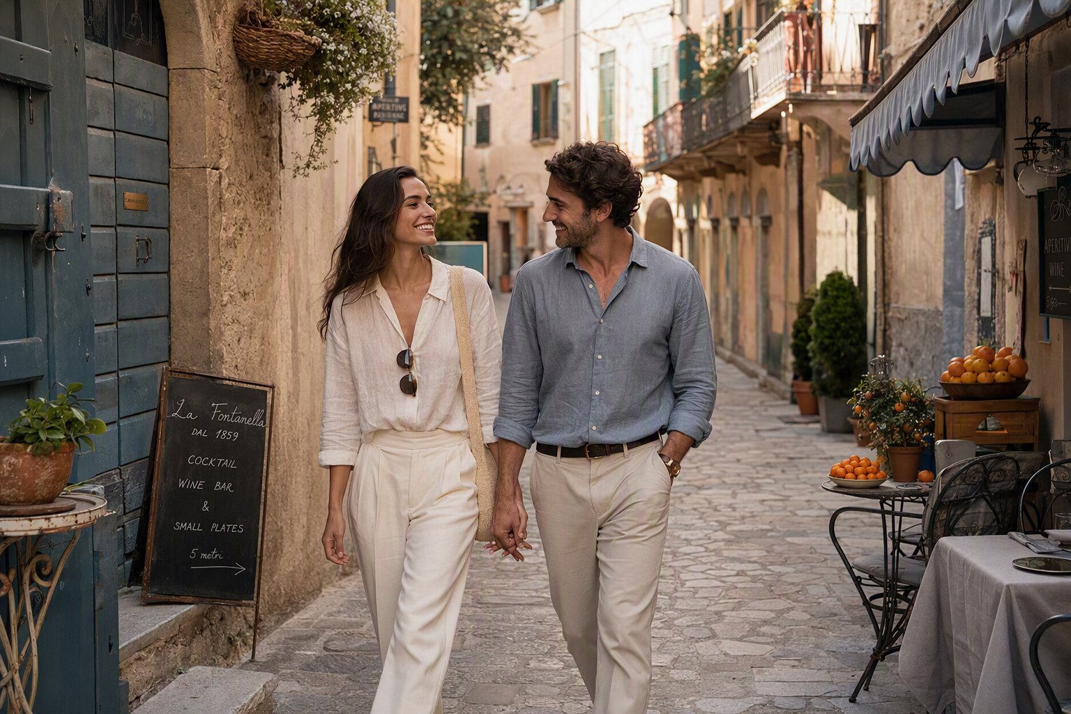 Olivia and Matteo sitting close together on a stone balustrade overlooking Lake Como, sharing a quiet smiling moment.